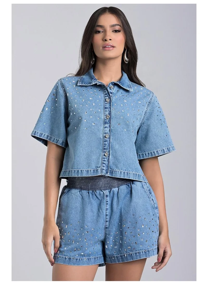Cropped Jeans Shirt with Crystals