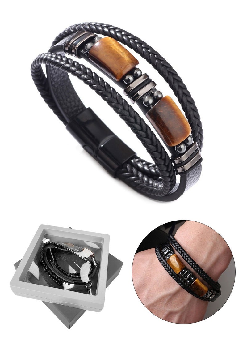 Syarme Mens Bracelets Multilayer Braided Leather Wristband Stainless Steel  Bangles, Tiger Eye Stone Magnetic Buckle Inspirational Wristband, 21cm Boy Jewelry Men's Best Gift, with Gift Box  - Image 1