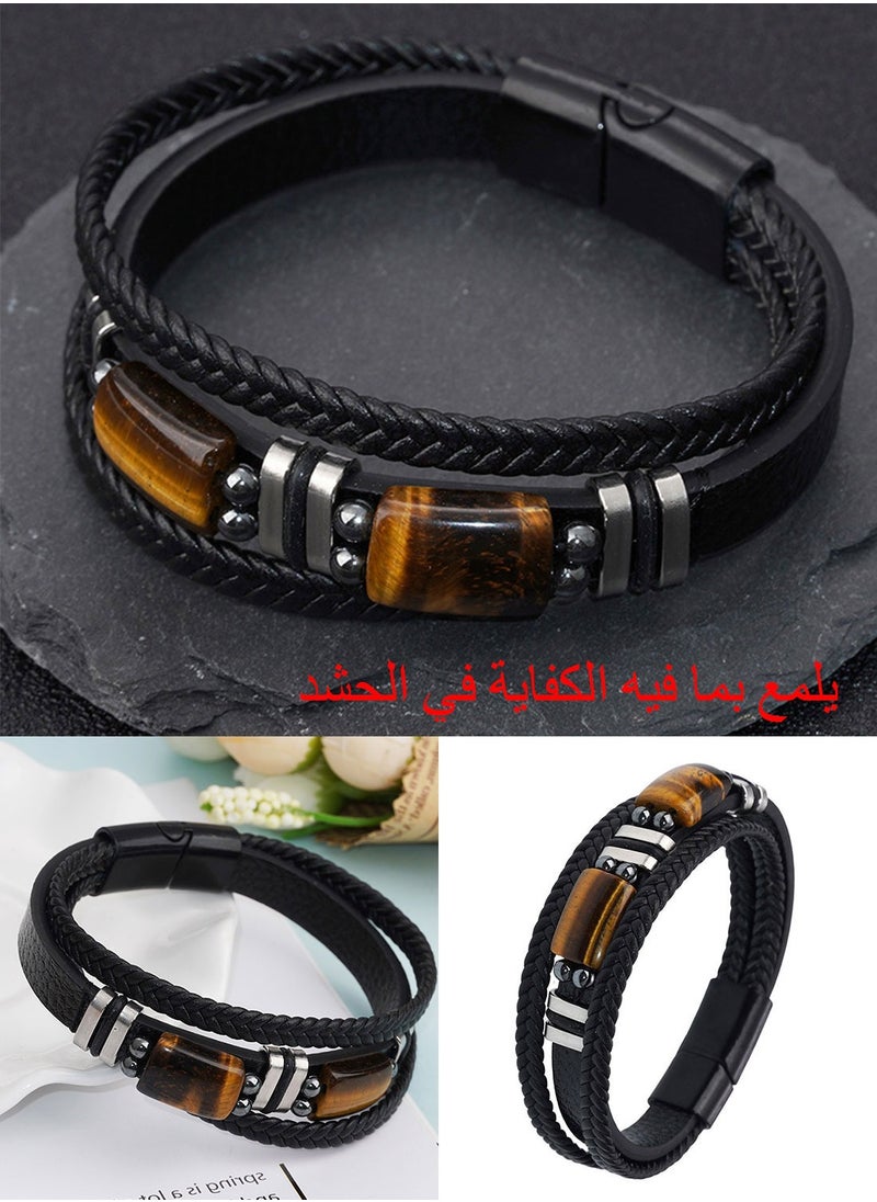 Syarme Mens Bracelets Multilayer Braided Leather Wristband Stainless Steel  Bangles, Tiger Eye Stone Magnetic Buckle Inspirational Wristband, 21cm Boy Jewelry Men's Best Gift, with Gift Box  - Image 4
