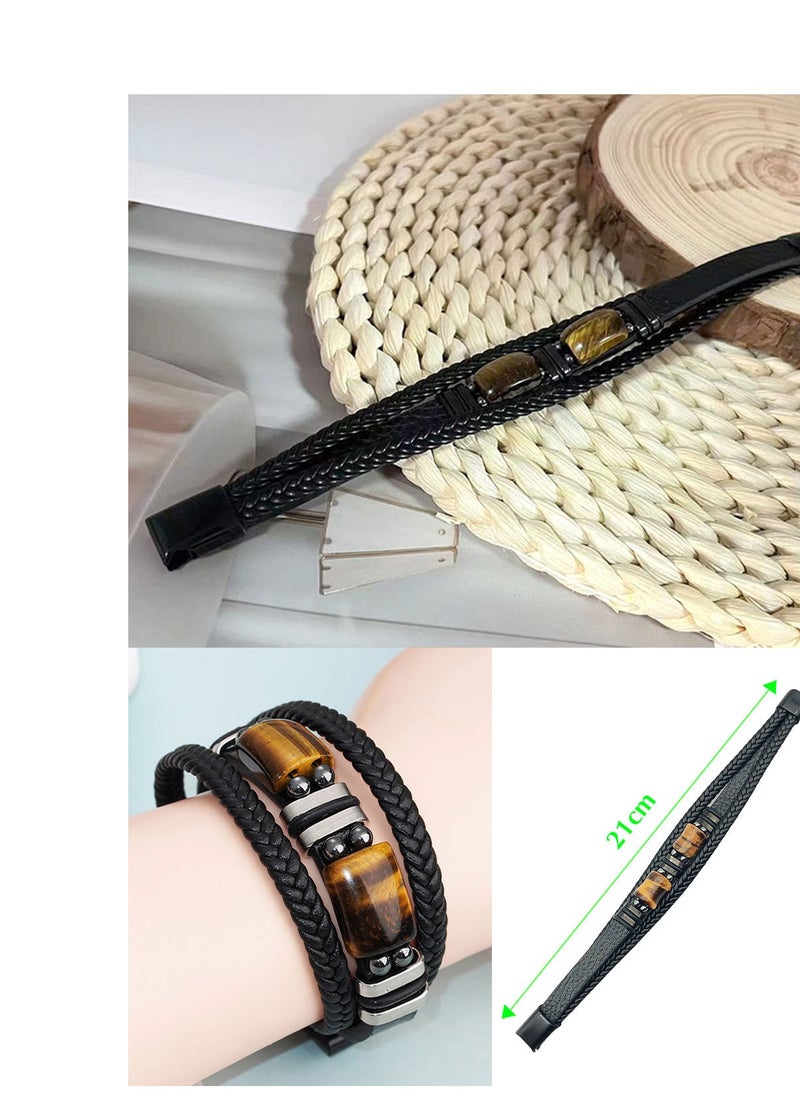 Syarme Mens Bracelets Multilayer Braided Leather Wristband Stainless Steel  Bangles, Tiger Eye Stone Magnetic Buckle Inspirational Wristband, 21cm Boy Jewelry Men's Best Gift, with Gift Box  - Image 5