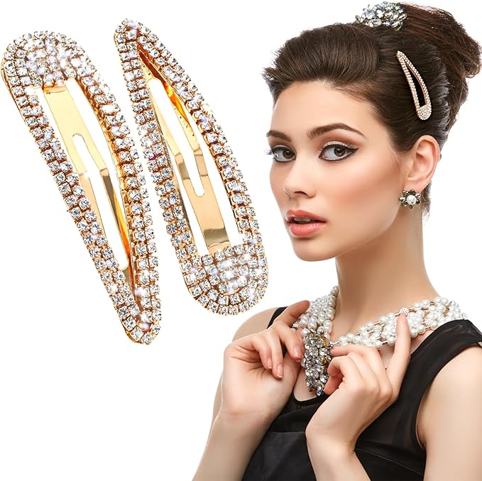 WLLHYF 2Pcs Rhinestone Hair Clips Metal Snap Hairpins Bling Crystal Hair Barrettes Glitter French Barrettes Duckbill Hair Pin Hair Decorative Party Hair Accessories for Women Girls