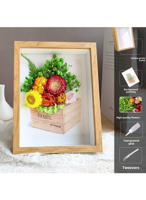 Hollow Photo Frame Eternal Flower Dried Flower DIY Material Package Parent-Child Activity Thanksgiving Creative Handmade Gift Table Set-Color:Flower Pot + Spring Color [hollow Photo Frame Material Package]-170*220*45