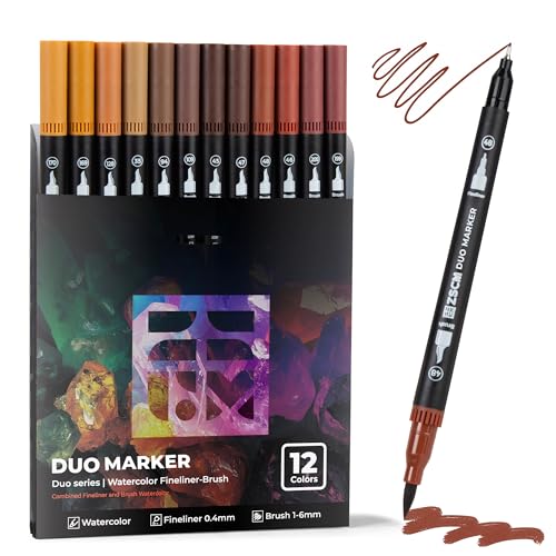 ZSCM Brown Duo Tip Marker Pens, 12 Pack Fine & Brush Markers for Adult Coloring Books No Bleeding, Earth Brown Markers for Wood Texture, Animal Fur, Vintage Effects and Antique Coloring - Image 1