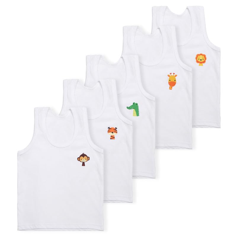 superminis Baby Girls and Boy's Regular Fit, Sleeveless, Printed Cotton Vest/Baniyan/Inner Wear/Sandos (18-24 Months, White)-Pack of 5 - Image 1
