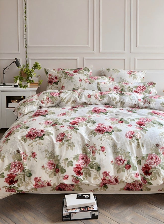 LUNA Home King size 6-piece  duvet cover set rose print with green leaves. - Image 1