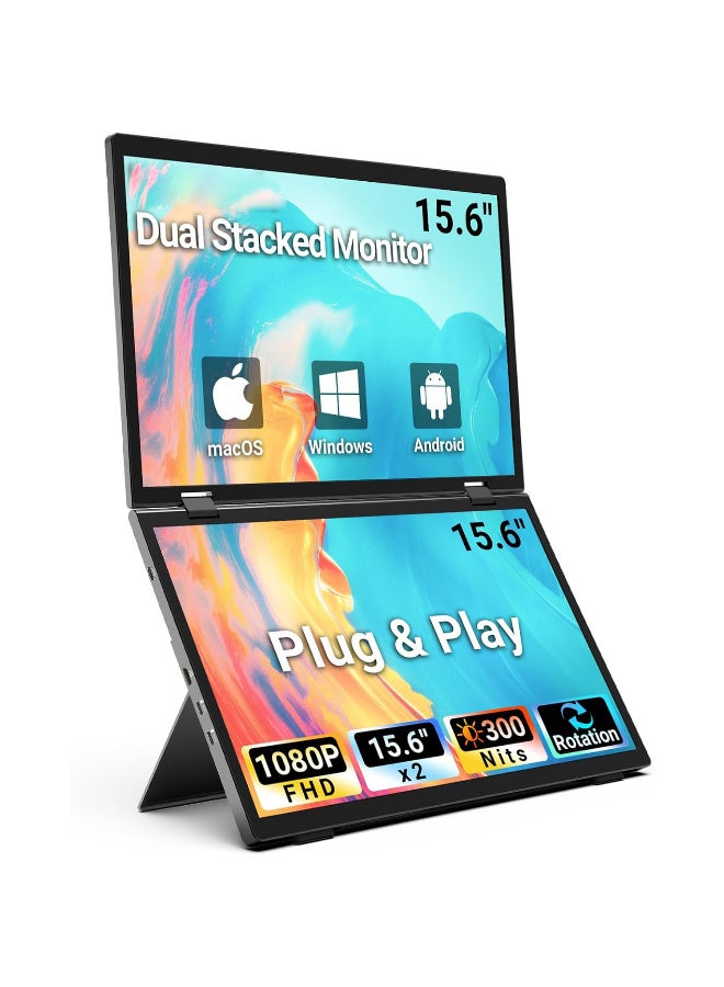 15.6 Inch Dual Screen Portable Monitor – Foldable Laptop Screen Extender with IPS FHD Display, 100% sRGB, 300nits, Matte Panel, Compatible with macOS/Windows/Android – Portable Monitor for Laptop