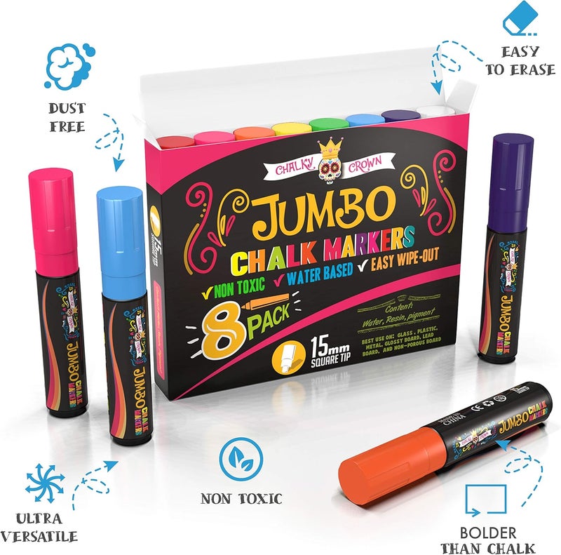 CHALKY CROWN Markers الطباشير السائلة العملاقة - علامات الطباشير الجريئة للسبورات، علامة النوافذ، أقلام الطباشير للإشارات، السبورة، الزجاج - طرف مربع قابل للعكس (15 مم، 8 عبوات) - Image 3