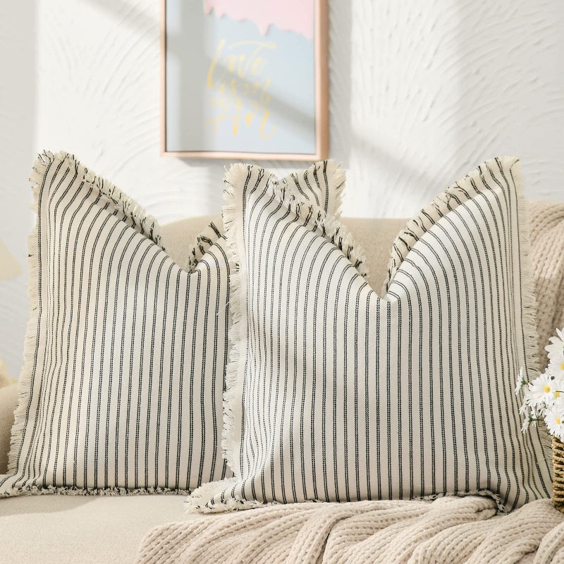 ZWJD Throw Pillow Covers 26x26 Set of 2 Striped Pillow Covers with Fringe Chic Cotton Decorative Pillows Square Cushion Covers for Sofa Couch Bed Living Room Farmhouse Decor