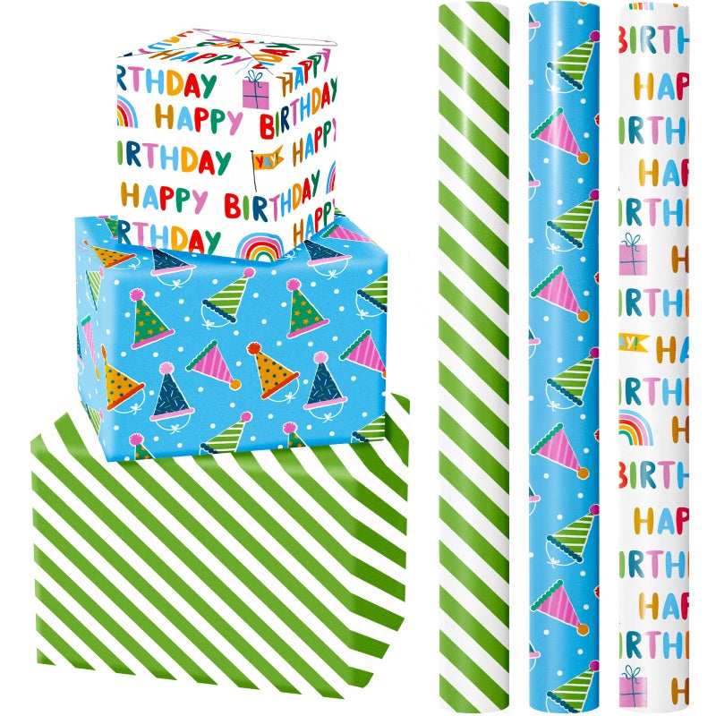 Wrapaholic Mini Birthday Wrapping Paper Rolls 3 Rolls 17 Inch X 120 Inch Each Happy Birthday Lettering and Stripe for Kids Baby Showers