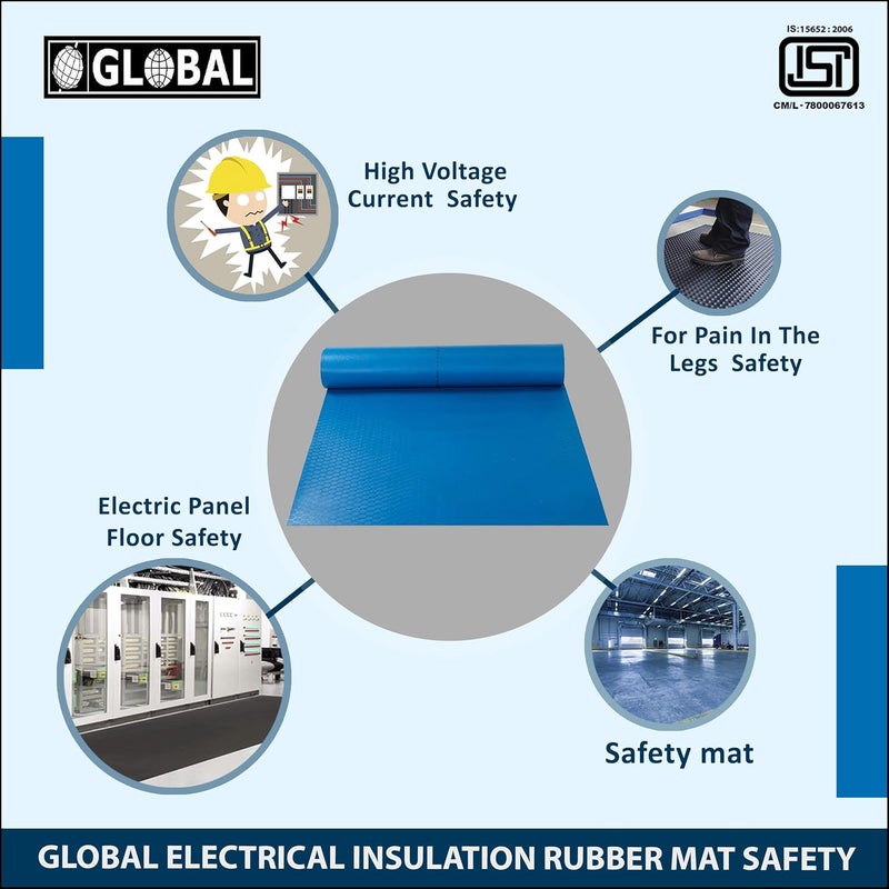 GLOBAL PREMIUM Electrical Insulation Rubber Mat 33KV Class A 1 Mtr x 2 Mtr 2mm Thickness Blue Color 1 Pc Insulating Rubber Mat Anti Skid Shock Proof ISI Certified - Image 3