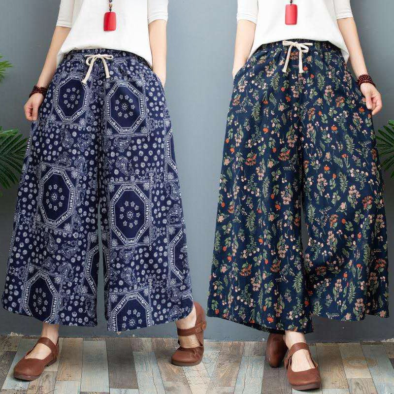 Lightweight Cotton Linen Printed Palazzo Pants Lotus Leaf  - Image 4