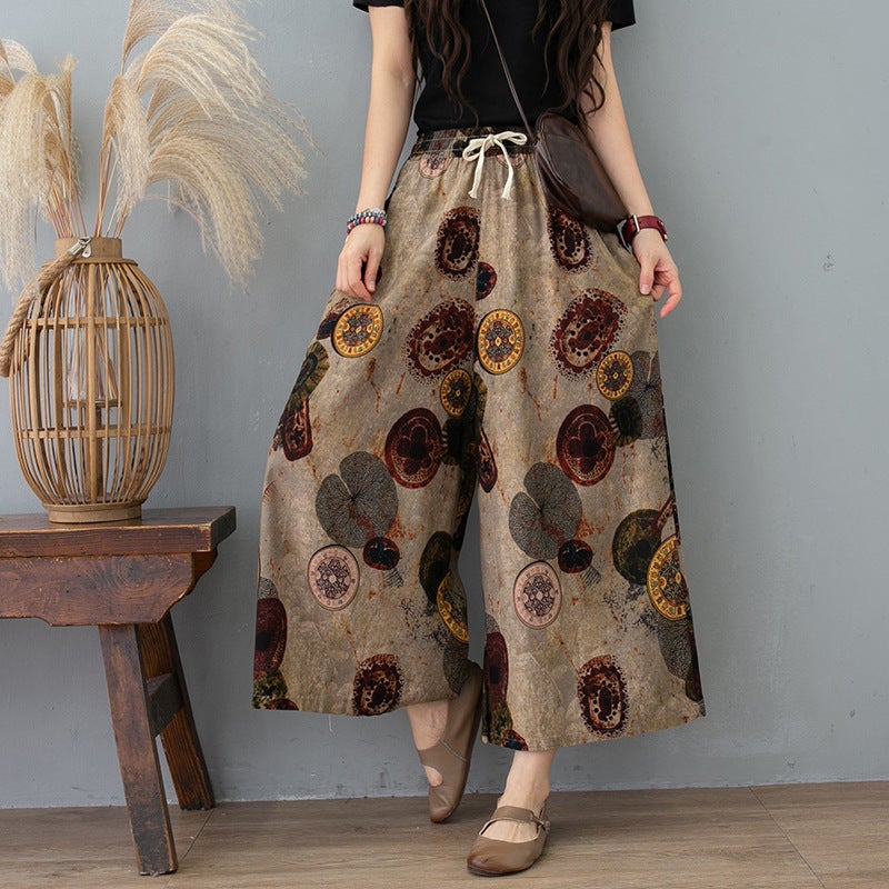 Lightweight Cotton Linen Printed Palazzo Pants Lotus Leaf  - Image 1