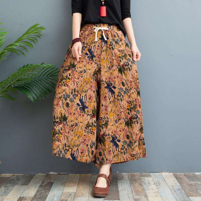 Lightweight Cotton Linen Printed Palazzo Pants Lotus Leaf  - Image 3