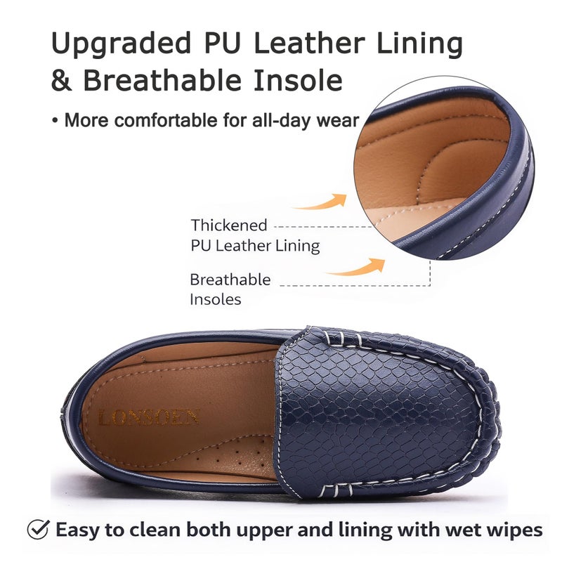 LONSOEN Kids Classic Loafers Dress Shoes Slip-On Moccasins for Boys Girls PU Leather Casual Flats with Non-Slip Sole,Size 6 Toddler, Navy Blue, SHF109 23 - Image 3