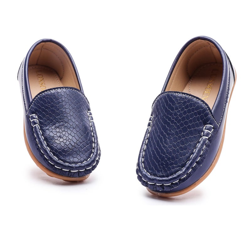 LONSOEN Kids Classic Loafers Dress Shoes Slip-On Moccasins for Boys Girls PU Leather Casual Flats with Non-Slip Sole,Size 6 Toddler, Navy Blue, SHF109 23 - Image 1