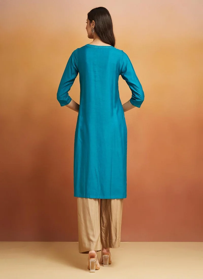 Fabindia Blue Viscose Silk Embroidered Long Kurta