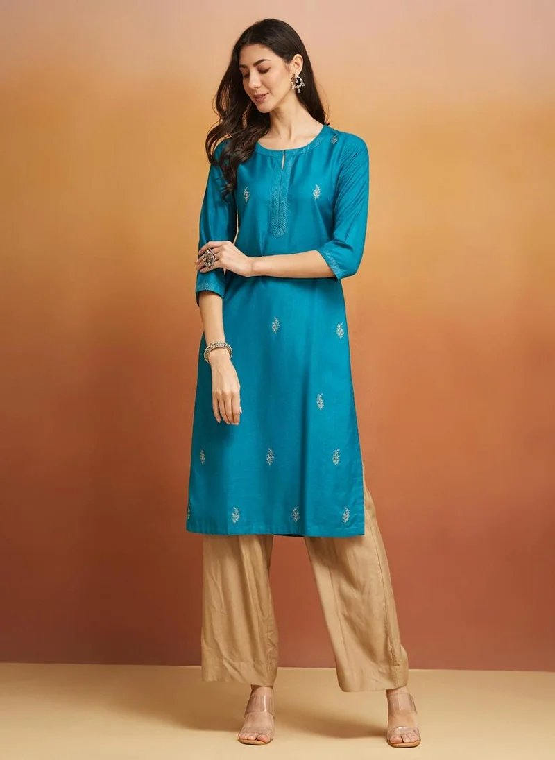 Fabindia Blue Viscose Silk Embroidered Long Kurta