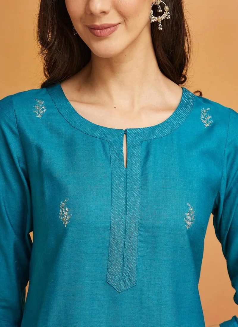Fabindia Blue Viscose Silk Embroidered Long Kurta