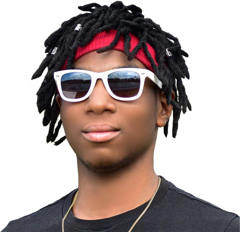 Braided Wig with Red Headband comes with three Hair Rings Silver HipHop Sporty for Costume Black Wig Cap Unisex Dreadlock Wig 