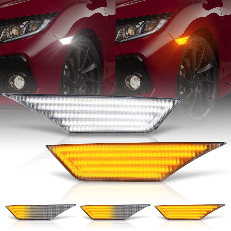 Gempro Switchback LED Side Marker Lights Sequential Turn Signal Lamps Replacement for 20162021 Honda Civic White Dynamic Amber Front Fender Bumper Reflector Clear Len 2 Packs - Image 2