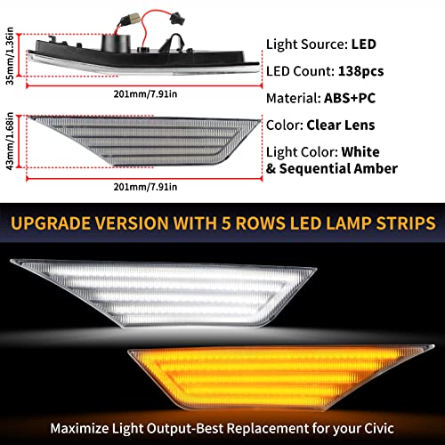 Gempro Switchback LED Side Marker Lights Sequential Turn Signal Lamps Replacement for 20162021 Honda Civic White Dynamic Amber Front Fender Bumper Reflector Clear Len 2 Packs - Image 3