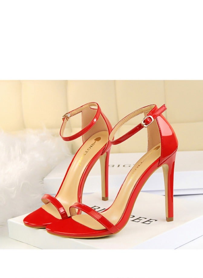 BIGTREE 11cm Stylish High Heels Patent Leather Open-Toe Sandals For Summer Red - Image 1