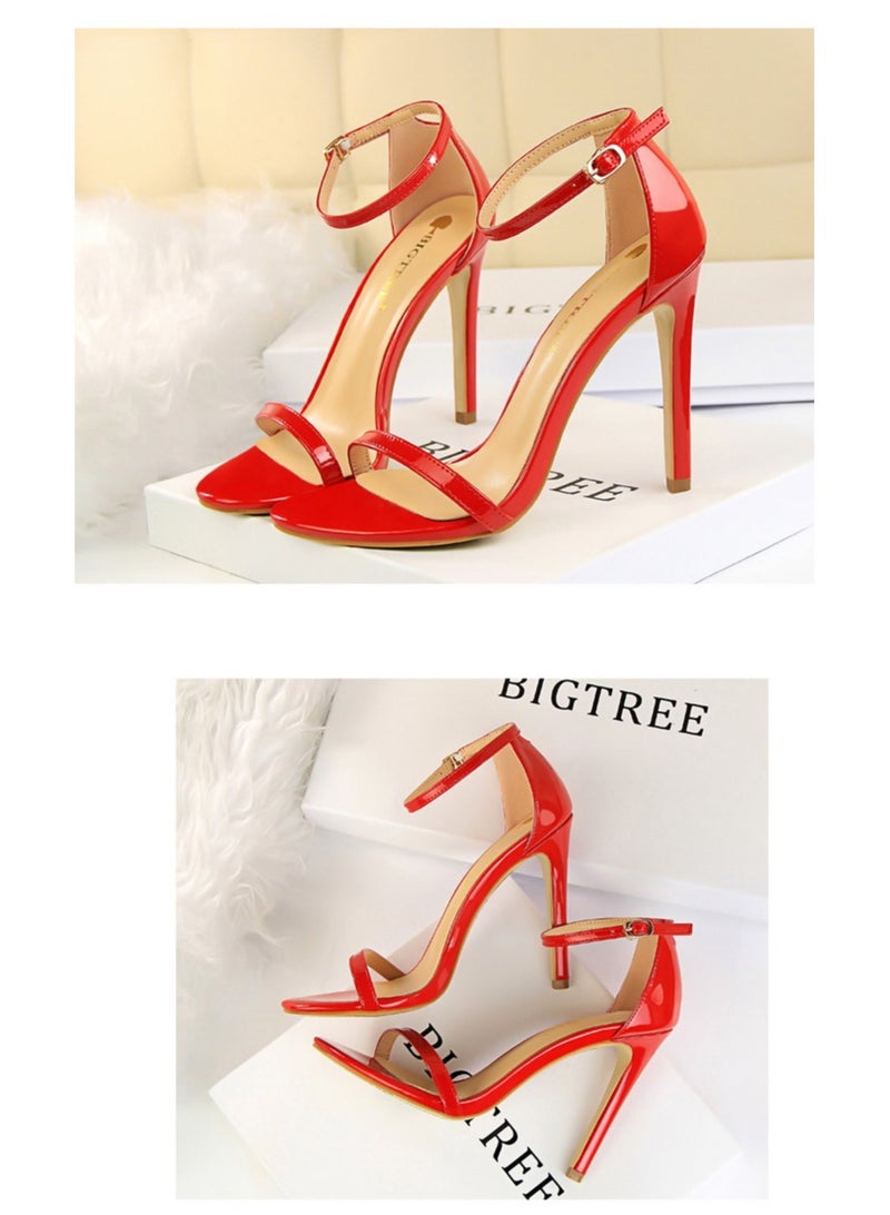 BIGTREE 11cm Stylish High Heels Patent Leather Open-Toe Sandals For Summer Red - Image 2