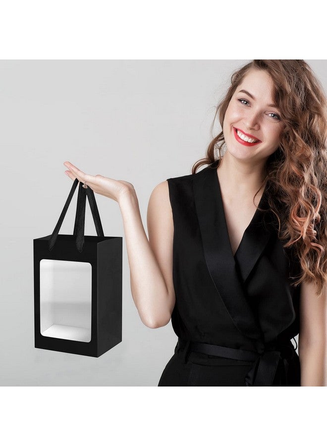 BallHull 12 Pcs Black Kraft Paper Gift Bags with Transparent Window, 9.84"x7.0"x5.12" Kraft Shopping Bags with Handles for Present, Festivals Party - Image 4