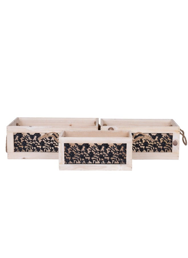 Gulf Flowers Gulf Flowers Wooden Box Set with Metal Decoration – 3pcs Storage Boxes – Rustic Wooden Crates for Home Décor, Office, Kitchen & Gift – Nesting Design – White (32x18x12cm, 27x16x9cm, 24x12x11cm) 