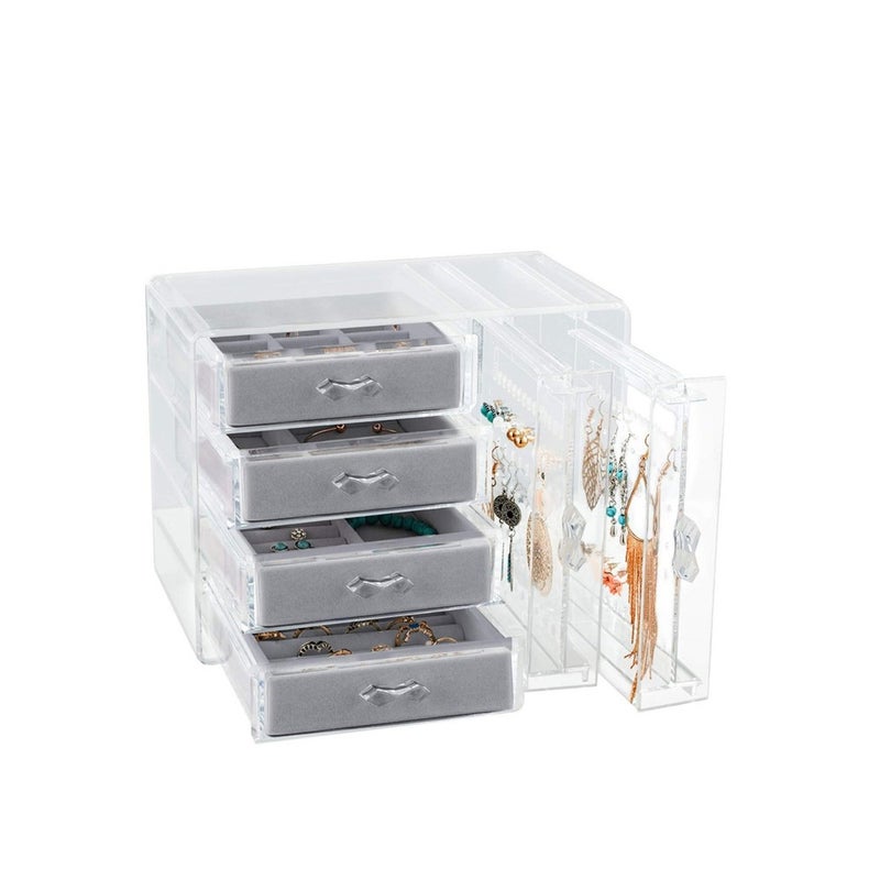 Clear Acrylic Jewelry Box with 4 Drawers and Earring Holders, Dustproof Velvet Organizer for Bracelets, Necklaces, and Rings, Perfect for Storage and Display - Image 1