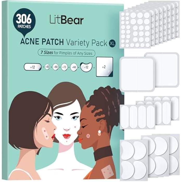 LitBear Large Pimple Patches (7 Sizes 306 Patches), Big Acne Patches, XL Hydrocolloid Bandages for Full Face, Forehead, Chin, Nose, Body, Back, Neck & Chest, Oval, Moon, Square hydrocolloid Patch - Image 1