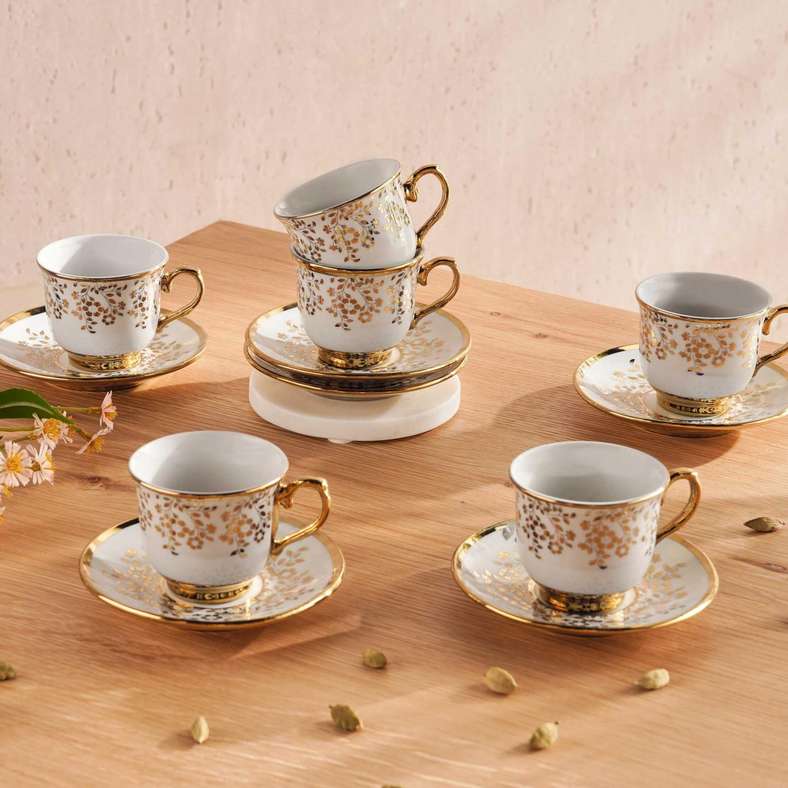 Pan Home طقم فناجين إسبريسو هزال مع saucer - أبيض وذهبي