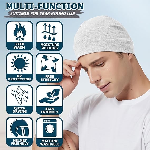 PAROPKAR 100% Cotton Lycra Skull Caps Lightweight Beanie Sleep Hats Breathable Helmet Liner Cap Cycling Hat Cap for Men and Women (White Light Grey) - Image 3