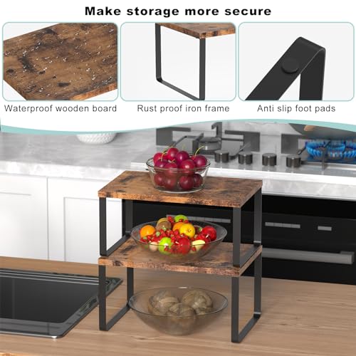 CADUKE Set of 4 Counter Shelves Kitchen Stackable Cabinet Shelf Wood Organizer Expandable Counter Top Racks Brown Bathroom Counter organizer - Image 3