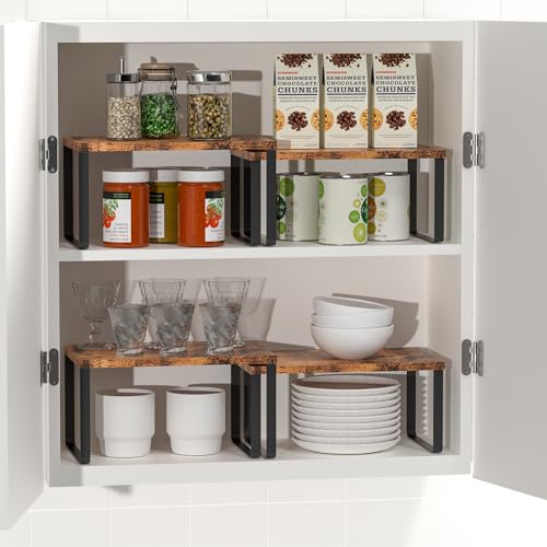 CADUKE Set of 4 Counter Shelves Kitchen Stackable Cabinet Shelf Wood Organizer Expandable Counter Top Racks Brown Bathroom Counter organizer - Image 4