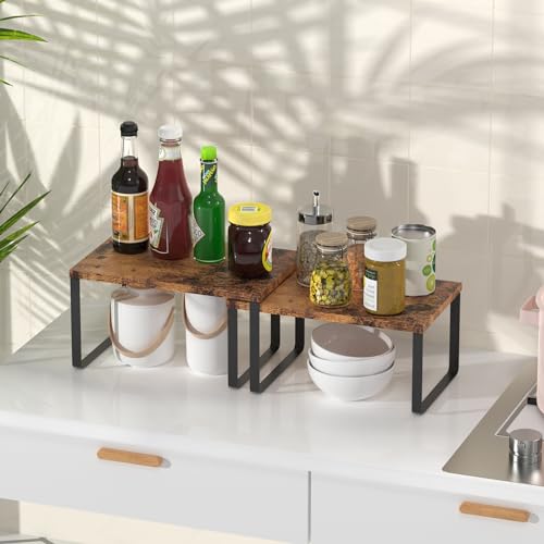 CADUKE Set of 4 Counter Shelves Kitchen Stackable Cabinet Shelf Wood Organizer Expandable Counter Top Racks Brown Bathroom Counter organizer - Image 5