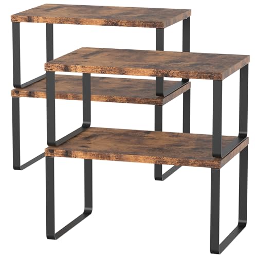 CADUKE Set of 4 Counter Shelves Kitchen Stackable Cabinet Shelf Wood Organizer Expandable Counter Top Racks Brown Bathroom Counter organizer - Image 1