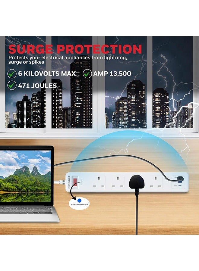 Honeywell 4 Out Surge Protector with Master Switch, Spike Guard/Extension board, 4 Outlet, PD20W & 2xUSB, 471 Joules, 1.8 Meter Cord, DSW, Automatic Overload Protection, 3 Years Manufacturer Warranty White-Platinum Series - Image 2