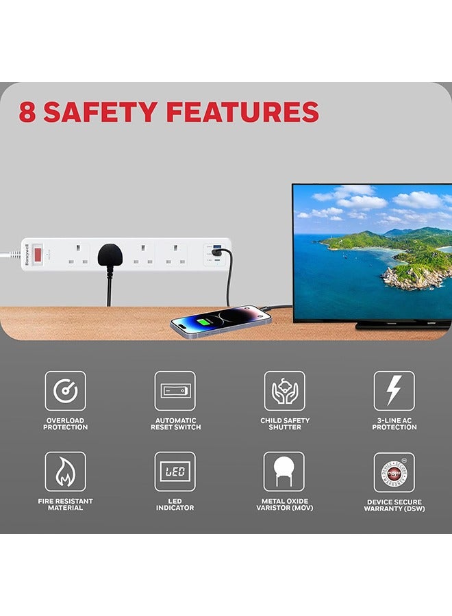 Honeywell 4 Out Surge Protector with Master Switch, Spike Guard/Extension board, 4 Outlet, PD20W & 2xUSB, 471 Joules, 1.8 Meter Cord, DSW, Automatic Overload Protection, 3 Years Manufacturer Warranty White-Platinum Series - Image 4