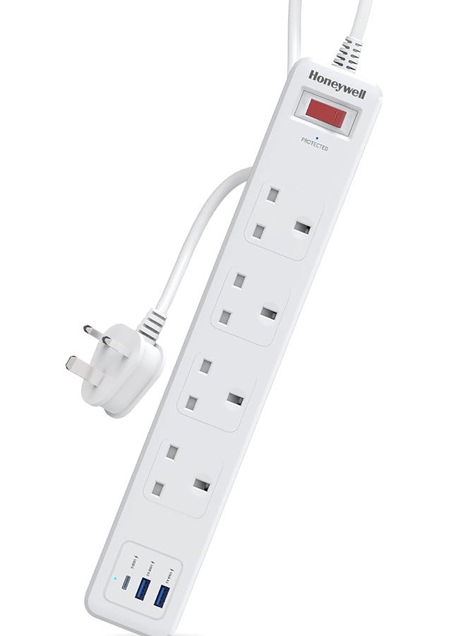 Honeywell 4 Out Surge Protector with Master Switch, Spike Guard/Extension board, 4 Outlet, PD20W & 2xUSB, 471 Joules, 1.8 Meter Cord, DSW, Automatic Overload Protection, 3 Years Manufacturer Warranty White-Platinum Series - Image 1