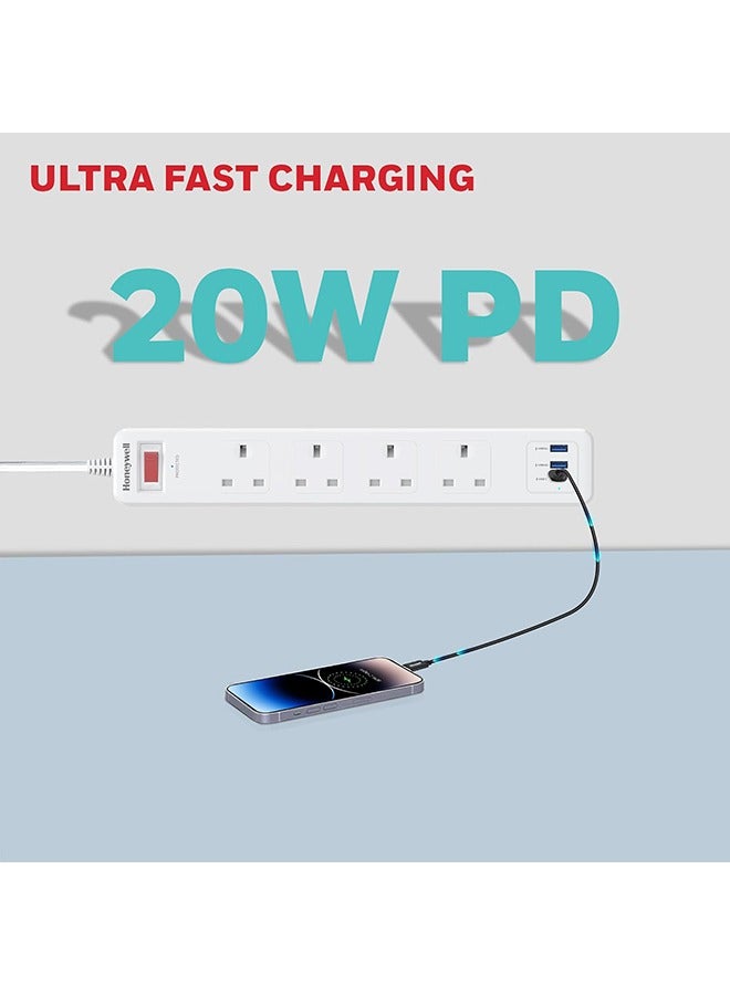 Honeywell 4 Out Surge Protector with Master Switch, Spike Guard/Extension board, 4 Outlet, PD20W & 2xUSB, 471 Joules, 1.8 Meter Cord, DSW, Automatic Overload Protection, 3 Years Manufacturer Warranty White-Platinum Series - Image 5
