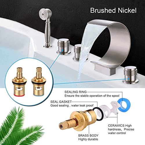 AZOS Waterfall Bathtub Faucet Set with Hand Shower Widespread Roman Tub Faucet Set 5 Hole Tub Filler Faucet Deck Mounted Roman Bathtub Faucet with Sprayer, Brushed Nickel - Image 4