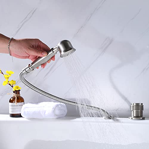 AZOS Waterfall Bathtub Faucet Set with Hand Shower Widespread Roman Tub Faucet Set 5 Hole Tub Filler Faucet Deck Mounted Roman Bathtub Faucet with Sprayer, Brushed Nickel - Image 5