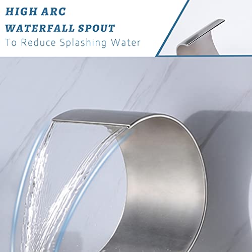 AZOS Waterfall Bathtub Faucet Set with Hand Shower Widespread Roman Tub Faucet Set 5 Hole Tub Filler Faucet Deck Mounted Roman Bathtub Faucet with Sprayer, Brushed Nickel - Image 3