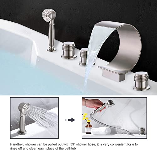 AZOS Waterfall Bathtub Faucet Set with Hand Shower Widespread Roman Tub Faucet Set 5 Hole Tub Filler Faucet Deck Mounted Roman Bathtub Faucet with Sprayer, Brushed Nickel - Image 2