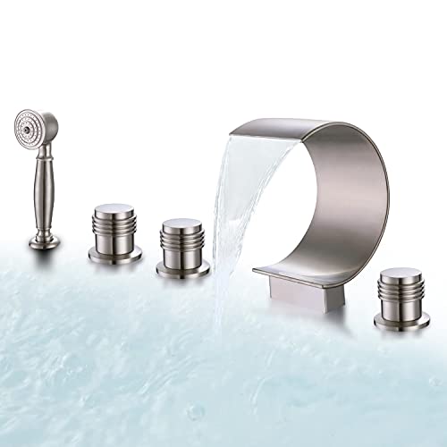 AZOS Waterfall Bathtub Faucet Set with Hand Shower Widespread Roman Tub Faucet Set 5 Hole Tub Filler Faucet Deck Mounted Roman Bathtub Faucet with Sprayer, Brushed Nickel - Image 1