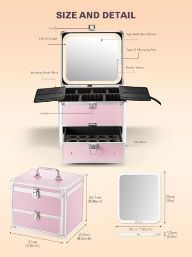Qislee Makeup Box with Drawer and A Detachable Lighted Mirror, Waterproof Travel Train Case, Cosmetic Organizer and Makeup Suitcase with Adjustable Dividers, Magnetic LED Mirror (ICY Pink) - Image 3