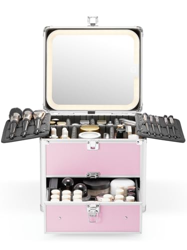 Qislee Makeup Box with Drawer and A Detachable Lighted Mirror, Waterproof Travel Train Case, Cosmetic Organizer and Makeup Suitcase with Adjustable Dividers, Magnetic LED Mirror (ICY Pink) - Image 1