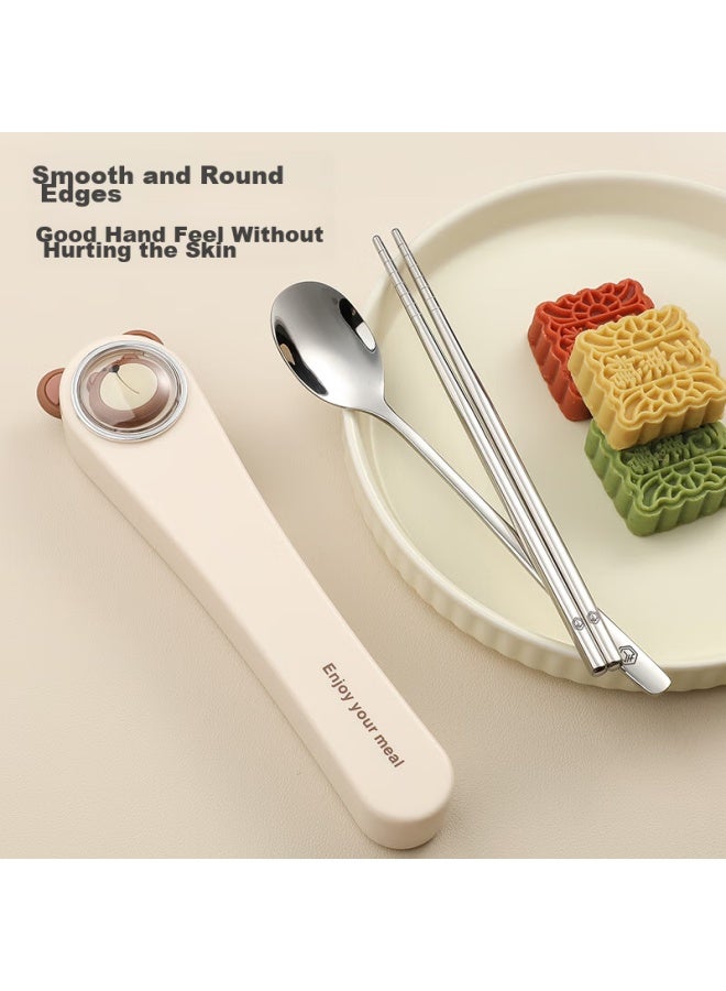 JD.com Jd Jingzao Cute Space Capsule Portable Tableware Set, 304 Stainless Steel Spoon And Chopsticks, 3-piece Set, Student Takeaway Cream-colored Tableware - Image 5