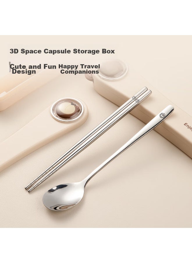 JD.com Jd Jingzao Cute Space Capsule Portable Tableware Set, 304 Stainless Steel Spoon And Chopsticks, 3-piece Set, Student Takeaway Cream-colored Tableware - Image 3